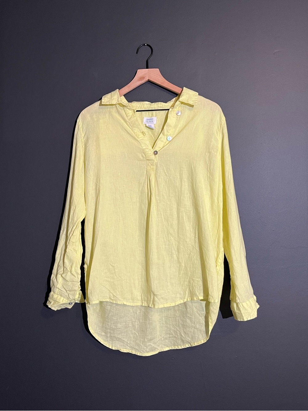 Sigrid Olsen 100% Linen Button Front Shirt Lemon Yellow Mother of Pearl - Size M